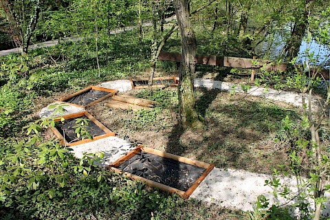 Der Barfußpfad im Tierpark Nymphaea: auf angelegten rechteckigen Flächen sind verschiedene Untergründe angelegt, die man mit den Füßen erfühlen soll.